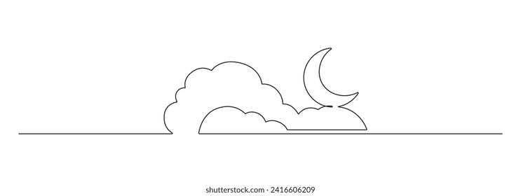 Un dibujo continuo de la luna con la nube. Banner de Ramadan Kareem de estilo lineal simple. Símbolo de suspensión con la media luna en trazo editable. Ilustración vectorial dibujada a mano de Doodle