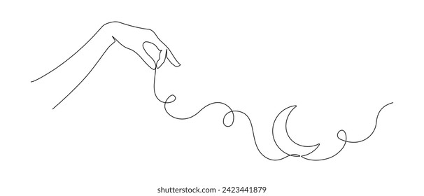 One continuous line drawing of Moon. Ramadan Kareem banner in simple linear style. Sleep symbol with crescent in Editable stroke. Doodle contour vector illustration
