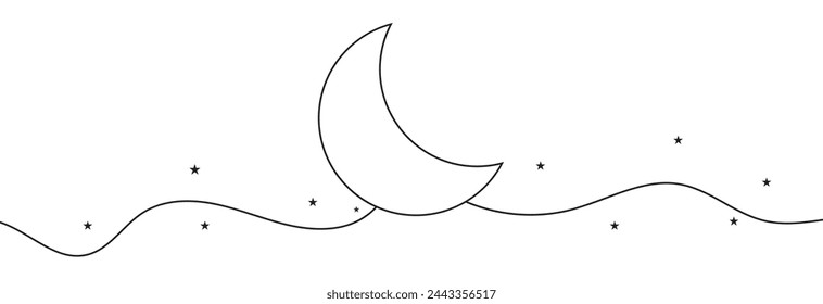 One continuous line drawing of Moon. Ramadan Kareem banner in simple linear style. Sleep symbol with crescent in Editable stroke. Doodle flourish vector file illustration. EPS 10