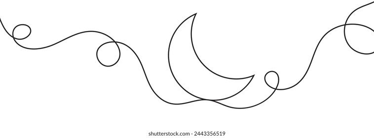 One continuous line drawing of Moon. Ramadan Kareem banner in simple linear style. Sleep symbol with crescent in Editable stroke. Doodle flourish vector file illustration. EPS 10