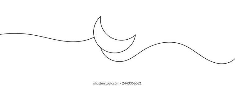 One continuous line drawing of Moon. Ramadan Kareem banner in simple linear style. Sleep symbol with crescent in Editable stroke. Doodle flourish vector file illustration. EPS 10