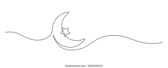 Un dibujo de línea continua de la Luna con la estrella. Anuncio Ramadan Kareem en estilo lineal simple. Símbolo de sueño y noche con media luna en trazo editable. Ilustración vectorial de contorno Doodle