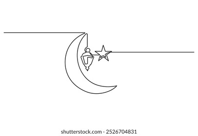 One continuous line drawing of Moon with stars. Ramadan Kareem banner in simple linear style. Sleep symbol with crescent in Editable stroke. Doodle vector illustration, Continuous one line drawing