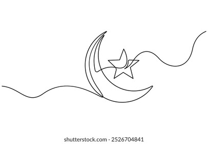 One continuous line drawing of Moon with stars. Ramadan Kareem banner in simple linear style. Sleep symbol with crescent in Editable stroke. Doodle vector illustration, Continuous one line drawing