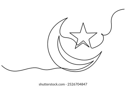 Un dibujo de línea continua de la Luna con estrellas. Anuncio Ramadan Kareem en estilo lineal simple. Símbolo de suspensión con media luna en trazo editable. Ilustración vectorial Doodle, Dibujo continuo de una línea