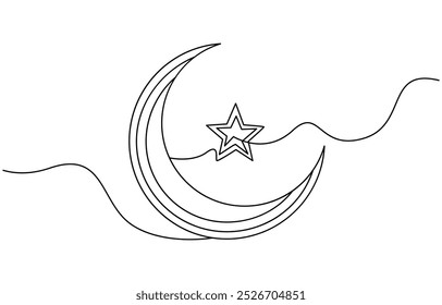 Eine durchgehende Linie Zeichnung des Mondes mit Sternen. Ramadan Kareem Banner im einfachen linearen Stil. Schlafsymbol mit Halbmond in editierbarem Strich. Doodle, Vektorgrafik, durchgehende einzeilige Zeichnung