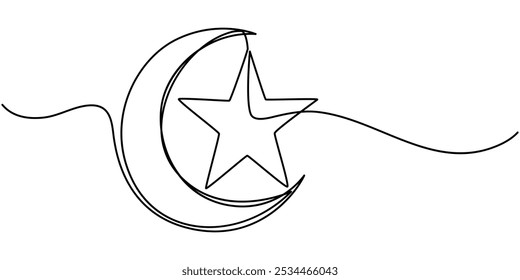 Um desenho em linha contínua da Lua com estrelas. Banner Ramadan Kareem em estilo linear simples. Símbolo de repouso com crescente em Traço editável. Ilustração vetorial de Doodle, desenho de linha da lua com estrela.