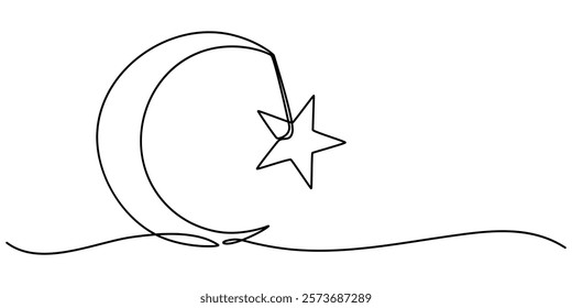 One continuous line drawing of Moon with stars. Ramadan Kareem banner in simple linear style. Sleep symbol with crescent in Editable stroke. Doodle vector illustration, Line drawing of moon icon pro. 