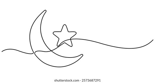 One continuous line drawing of Moon with stars. Ramadan Kareem banner in simple linear style. Sleep symbol with crescent in Editable stroke. Doodle vector illustration, Line drawing of moon icon pro. 