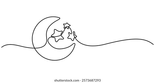 One continuous line drawing of Moon with stars. Ramadan Kareem banner in simple linear style. Sleep symbol with crescent in Editable stroke. Doodle vector illustration, Line drawing of moon icon pro. 