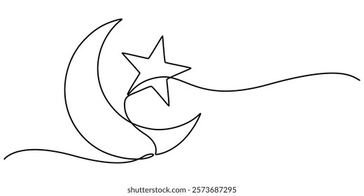 One continuous line drawing of Moon with stars. Ramadan Kareem banner in simple linear style. Sleep symbol with crescent in Editable stroke. Doodle vector illustration, Line drawing of moon icon pro. 