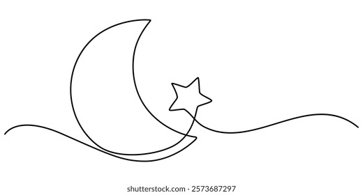 One continuous line drawing of Moon with stars. Ramadan Kareem banner in simple linear style. Sleep symbol with crescent in Editable stroke. Doodle vector illustration, Line drawing of moon icon pro. 