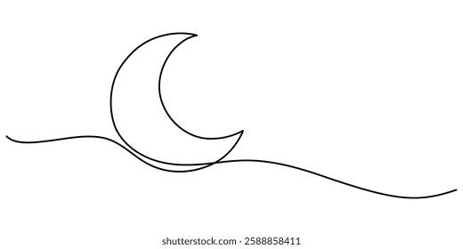 One continuous line drawing of moon, Crescent Moon symbol continuous one line drawing isolated of outline vector illustration, Line art Crescent. Muslim symbol. Trendy concept ramadan design. Vector.