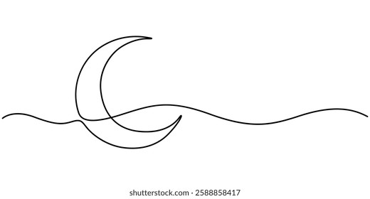 One continuous line drawing of moon, Crescent Moon symbol continuous one line drawing isolated of outline vector illustration, Line art Crescent. Muslim symbol. Trendy concept ramadan design. Vector.