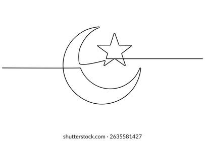 One continuous line drawing of Moon with star. Ramadan Kareem banner in simple linear style. Sleep symbol with crescent, Turkish flag in continuous line drawing style.