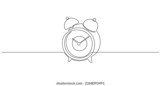 One continuous line drawing of morning alarm clock. Timer watch to wake up in simple linear style. Reminder and school schedule concept. Editable stroke. Doodle vector illustration