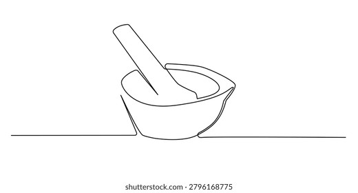 One continuous line drawing of mortar and pestle. Abstract single line art of pharmaceutical preparation. Suitable for pharmacies, healthcare brands, medical education, and wellness businesses.