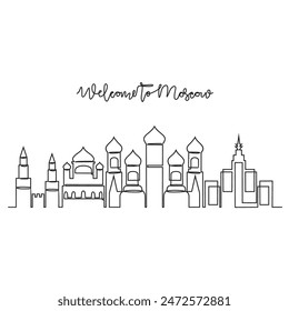 One continuous line drawing of Moscow skyline vector illustration. Modern city in Europe in simple linear style vector design concept. One of big city in Russia. Iconic architectural building design.