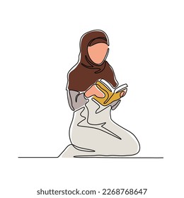 One continuous line drawing of Moslem Women read a Quran in the mosque. Moslem Woman design with simple linear style. Read quran design concept Vector illustration