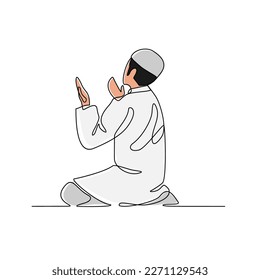 One continuous line drawing of a moslem man is praying the mosque during ramadan time. Moslem praying design with simple linear style. Ramadan kareem design concept