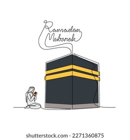 One continuous line drawing of a moslem man is praying the ka'bah during ramadan time. Moslem praying design with simple linear style. Ramadan kareem design concept