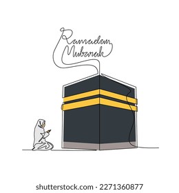 One continuous line drawing of a moslem woman is praying the ka'bah during ramadan time. Moslem praying design with simple linear style. Ramadan kareem design concept