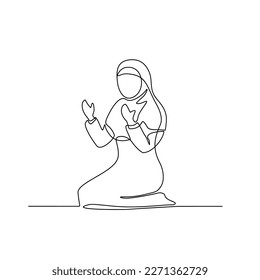 One continuous line drawing of a moslem woman is praying during ramadan time. Moslem praying design with simple linear style. Ramadan kareem design concept