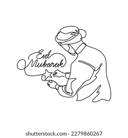 One continuous line drawing of a moslem man preparing the decoration for eid mubarak. Eid mubarak and Ramadan kareem design concept with simple linear style. Eid mubarak vector design concept.