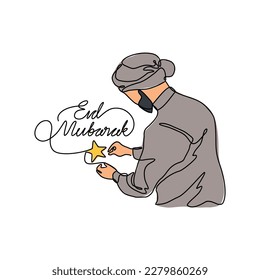 One continuous line drawing of a moslem man preparing the decoration for eid mubarak. Eid mubarak and Ramadan kareem design concept with simple linear style. Eid mubarak vector design concept.