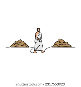 One continuous line drawing of moslem man who are performing the Hajj and Umrah in the holy land of Mecca. Worship is carried out in the month of Dzulhijah every year. Islamic design vector. 