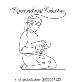 One continuous line drawing of Moslem man is read Qur'an vector illustration. Moslem praying during Ramadan in mosque design in simple linear style vector concept. Suitable for your asset design.