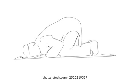 One continuous line drawing of a moslem man is praying during ramadan time. Moslem praying design with simple linear style. Ramadan kareem design concept Hand made vector not AI.