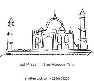 One continuous line drawing of a mosque. Muslims perform Eid al-Adha and Eid al-Fitr prayers in the yard of the mosque. Vector illustration of Mosque concept single line drawing design.