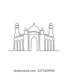 Eine durchgehende Linienzeichnung einer Moschee. Design Ort des Moslems beten mit einfachem linearen Stil. Ramadan Kareem Design-Konzept