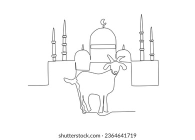One continuous line drawing of mosque above the goat eid al adha concept
