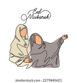 Un continuo dibujo de una madre y una hija se están divirtiendo durante eid mubarak. Concepto de diseño de Eid mubarak y Ramadan kareem con estilo lineal simple. Concepto de diseño vectorial de Eid mubarak.