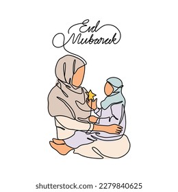 One continuous line drawing of a mother and daughter are having fun during eid mubarak. Eid mubarak and Ramadan kareem design concept with simple linear style. Eid mubarak vector design concept.