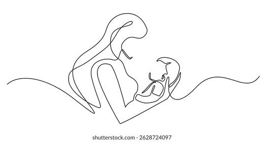 one continuous line drawing of a mother holding a baby. one line drawing of a mother and child. suitable for baby product image elements, baby care