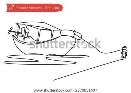 One continuous line drawing of a motorboat moored on the shore, river. Vector illustration of a simple line drawing of a motorboat moored as an icon, symbol of a beach scene, river scene.