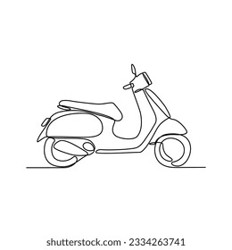 Un plano continuo de la motocicleta como vehículo terrestre de fondo blanco. Diseño de transporte terrestre en estilo lineal simple. Ilustración vectorial del concepto de diseño de vehículos sin colorear