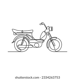 Eine durchgehende Zeichnung von Motorrädern als Landfahrzeug mit weißem Hintergrund. Landtransport Design in einfachem Linearstil. Nicht farbiges Fahrzeugdesign, Vektorgrafik