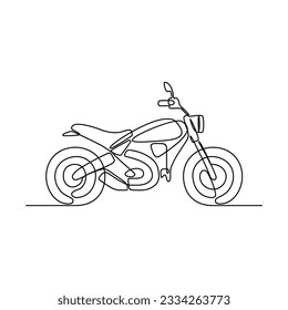 Un plano continuo de la motocicleta como vehículo terrestre de fondo blanco. Diseño de transporte terrestre en estilo lineal simple. Ilustración vectorial del concepto de diseño de vehículos sin colorear