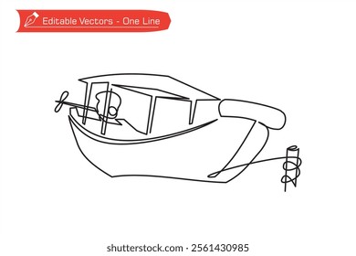 One continuous line drawing of motorized passenger boat moored for water and river transportation. Vector illustration of one line roofed passenger boat symbolizing waters, dock, river, beach, ocean.