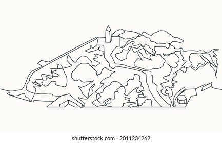 One continuous line drawing of MOUNT ARAFAT - MECCA, SAUDI ARABIA - JABAL RAHMAH. This is the place where Adam and Eve met after being overthrown from heaven. Design vector illustration.