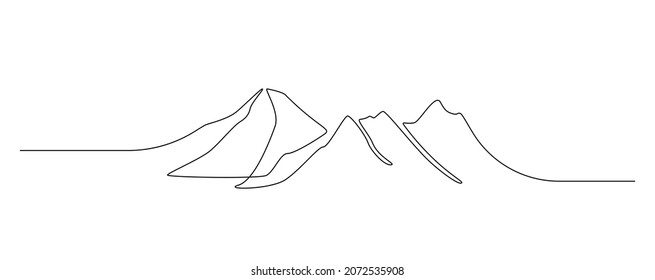 One Continuous Line Drawing Of Mountain Range Landscape. Top View Of Mounts In Simple Outline Style. Adventure Hiking And Winter Sports Concept Isolated On White Background. Linear Vector Illustration