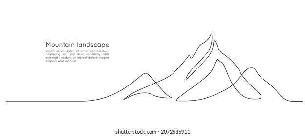 One continuous line drawing mountain range landscape  Web banner and mounts in simple linear style  Adventure winter sports concept isolated white background  Doodle vector illustration