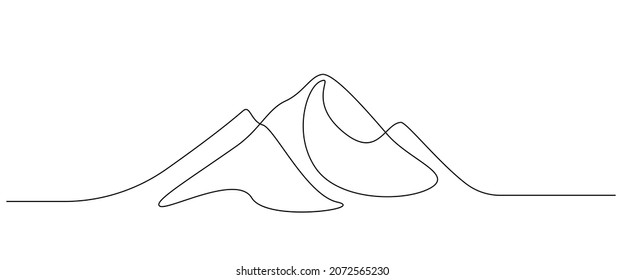 One continuous line drawing of mountain range landscape. Top view of mounts in simple linear style. Adventure hiking and winter sports concept isolated on white background. Doodle vector illustration