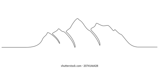 Un plano continuo de la cordillera montañosa. Vista superior de montajes en un estilo de contorno simple. El concepto de excursionismo y deportes de invierno aislados de fondo blanco. Ilustración del vector Doodle