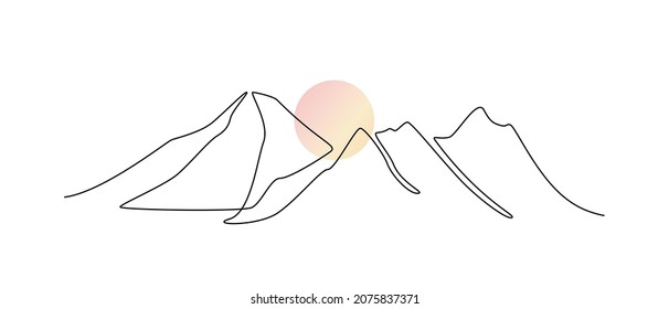 Un plano continuo de la cordillera con el sol de color. Colinas geométricas y horizontes en estilo escandinavo simple lineal. Esbozo panorámico moderno. Ilustración del vector Doodle
