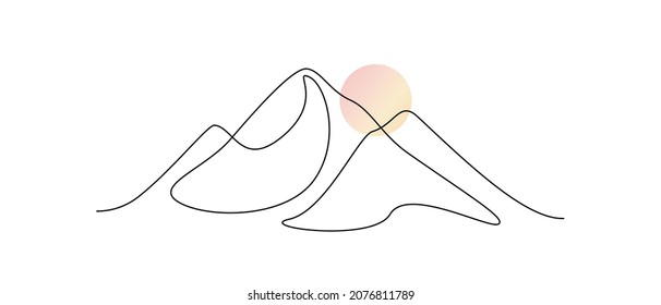 One continuous line drawing of mountain range landscape with color sun. Abstract hills and horizon in scandinavian simple linear style. Modern panoramic sketch. Doodle vector illustration